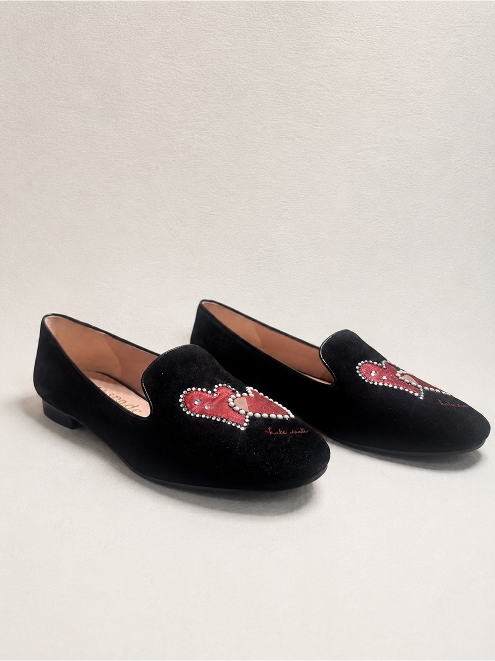 Kate Spade Black Velvet Heart Embellished Loafers | Size 10.5